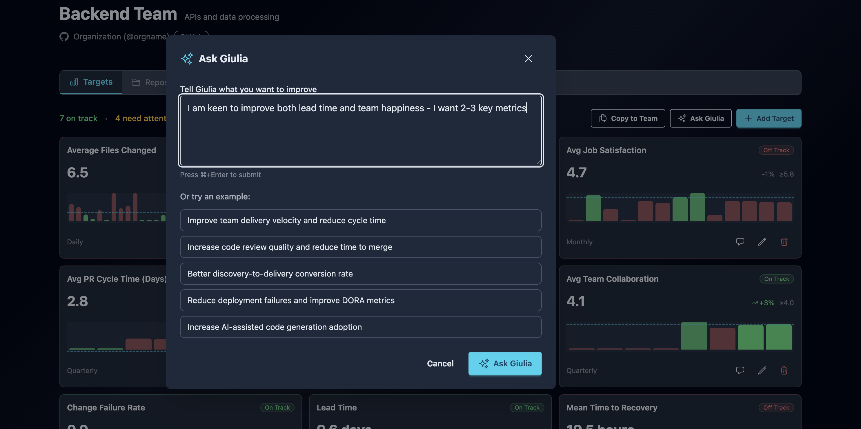 Ask Giulia modal with goal input and example suggestions