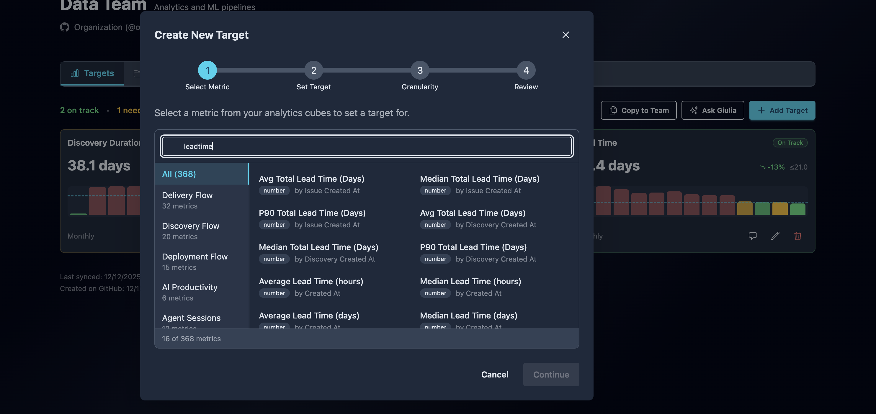 Step 1: Select a metric from the measure picker with search and category filters